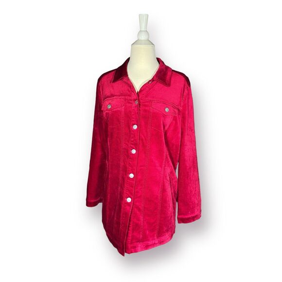 Chico's Women Red Elongated Classic Velveteen LS Jacket Claret US Sz 12/14 Large - Picture 1 of 7